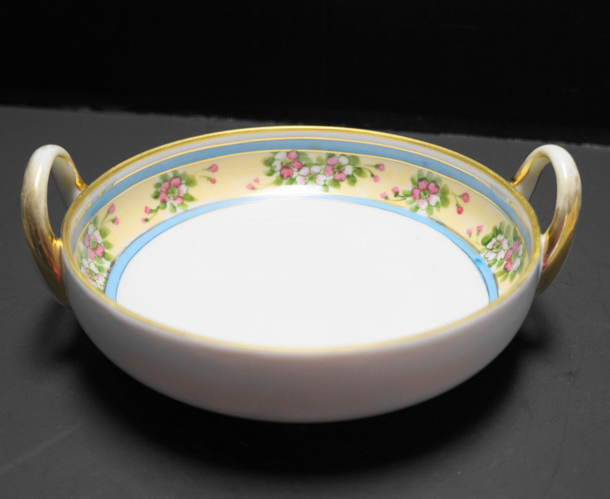 Morimura Nippon Double Handle Bowl Hand Painted Pink Flowers Yellow Blue Bands