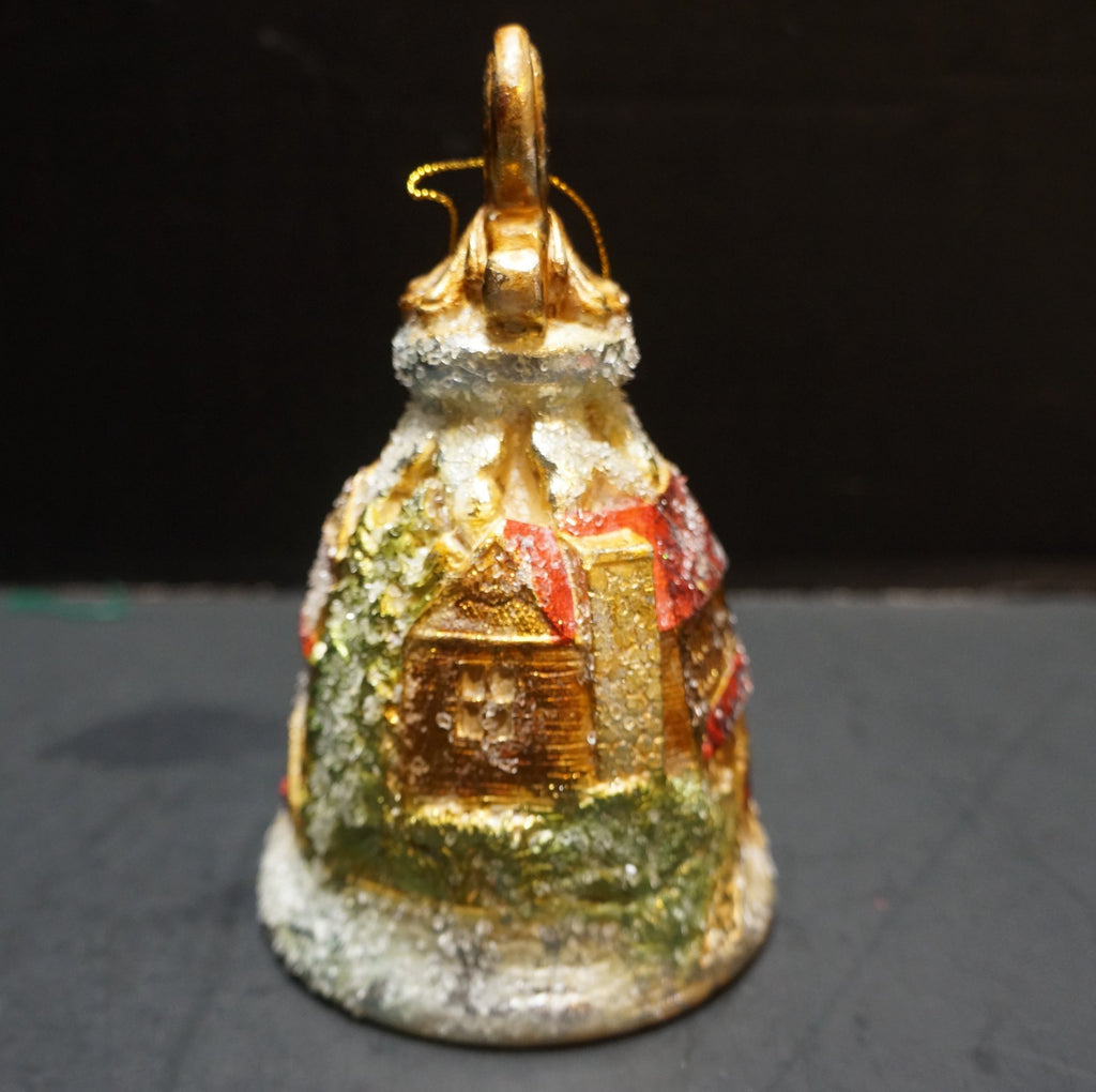 Ornate Christmas Bell Ornament Hand Painted Glass Glitter House
