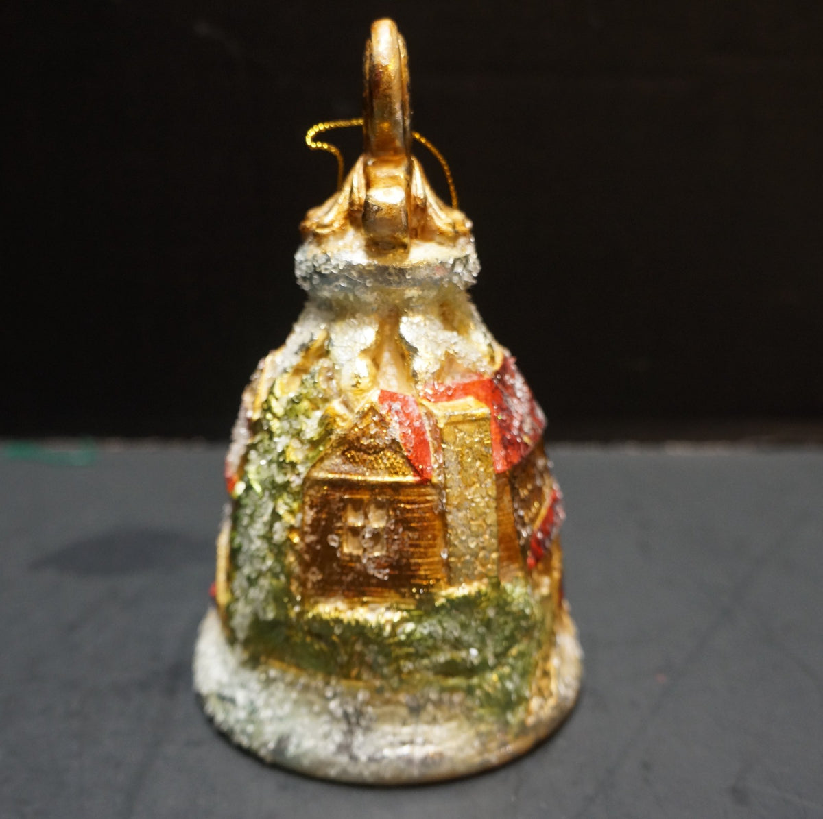 Ornate Christmas Bell Ornament Hand Painted Glass Glitter House