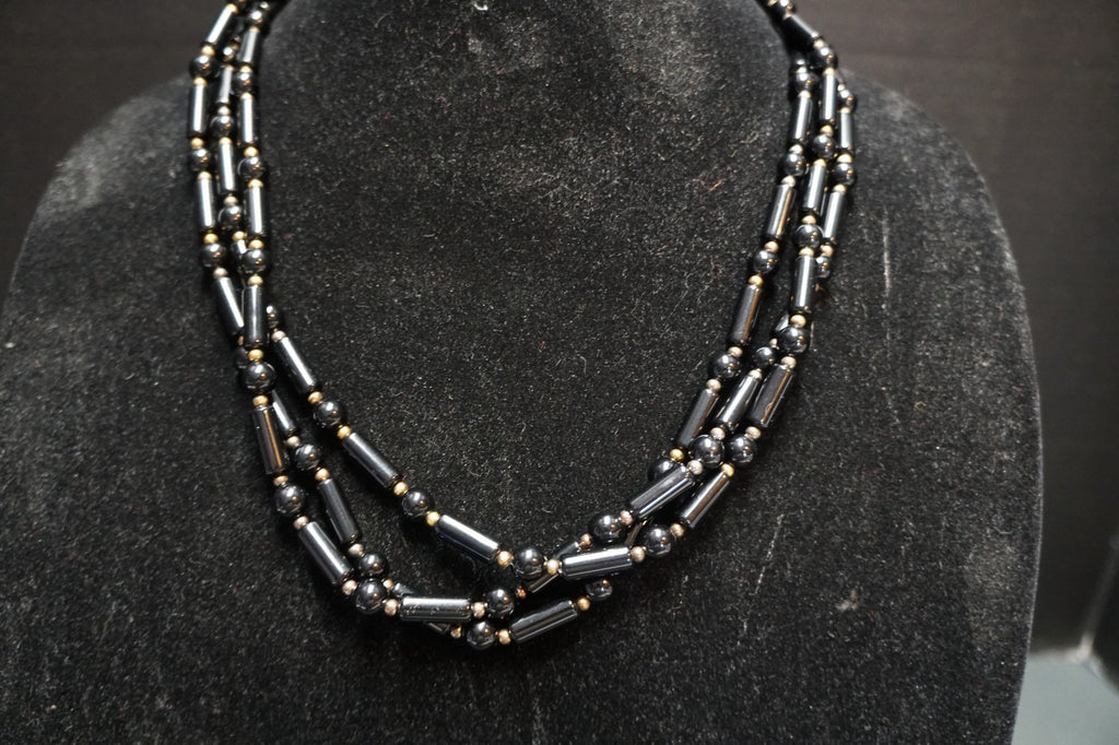 Vintage Black Lucite Tube Ball Beads Triple Strand Necklace