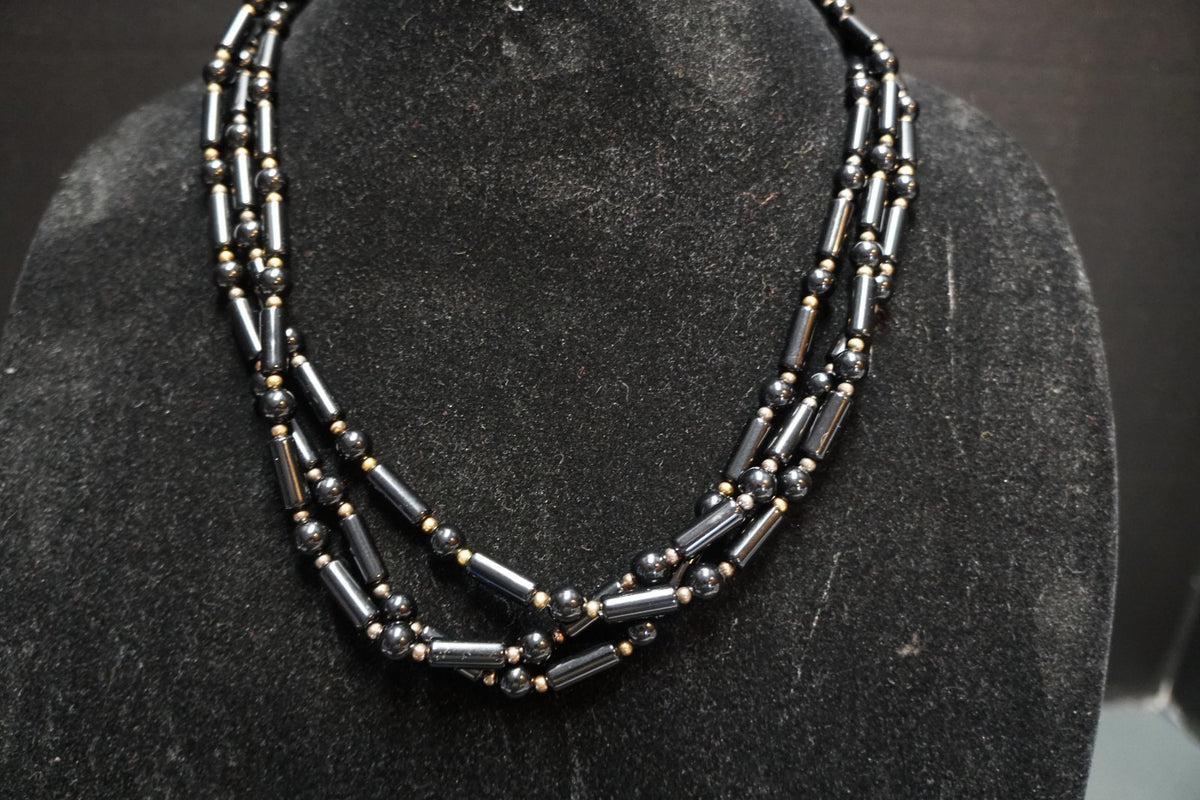 Vintage Black Lucite Tube Ball Beads Triple Strand Necklace