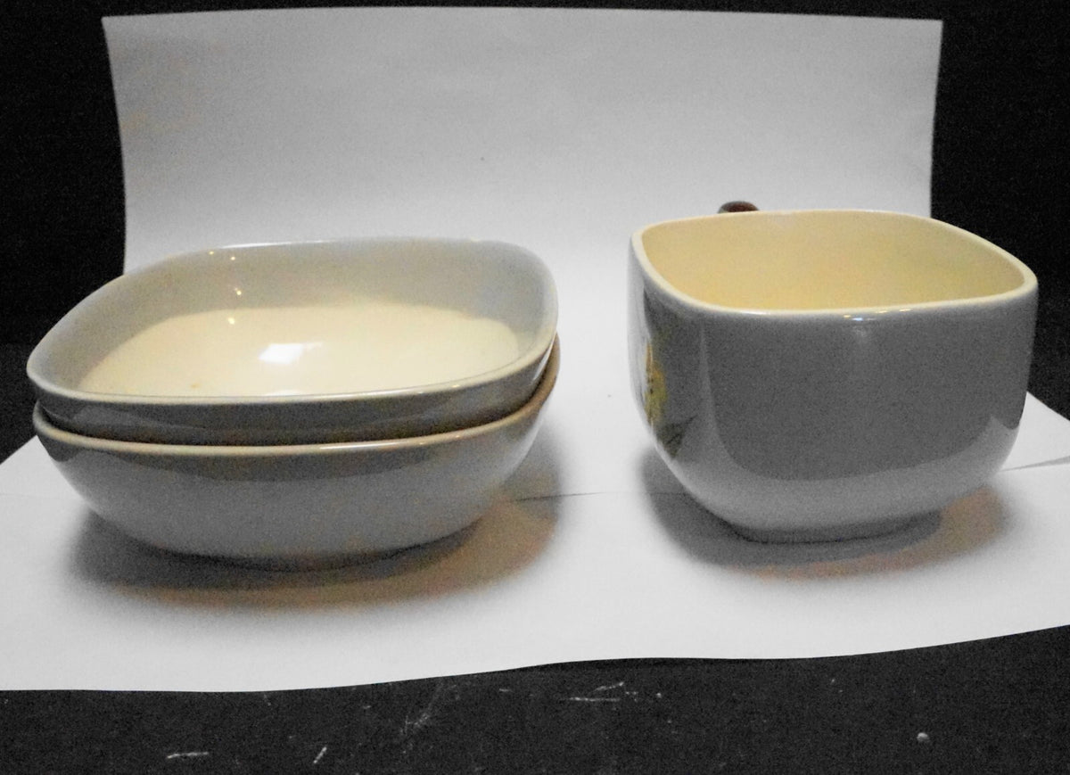 Weil Ware Blossom Gray Yellow Flowers Cup Bowls 3 Pieces