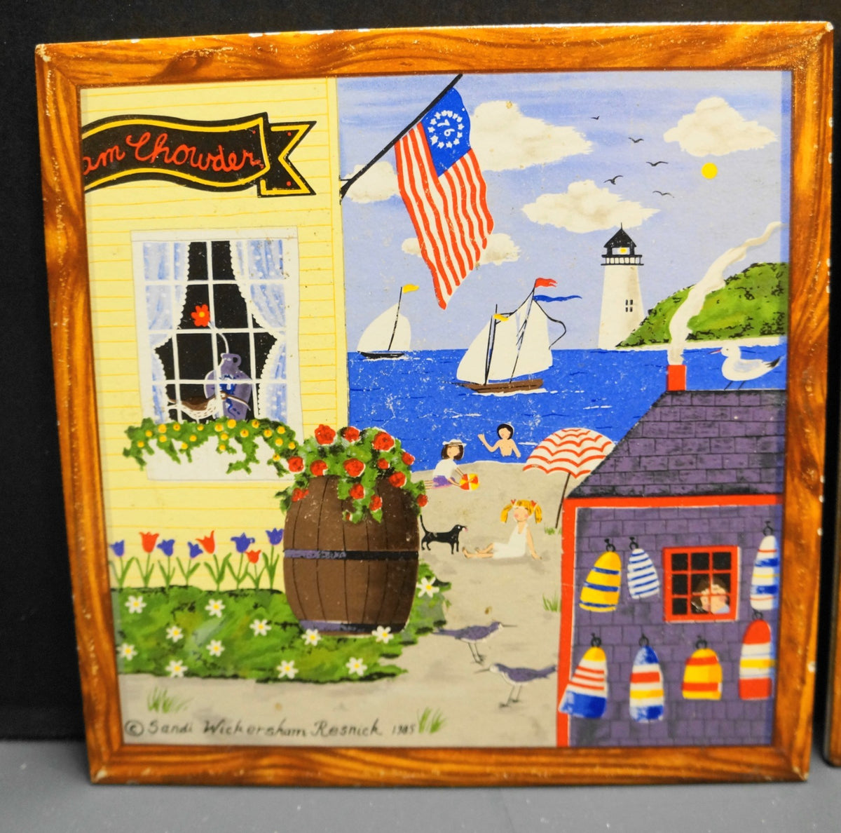 Sandi Wickersham Resnick Tiles Pair Skating Pond Down by the Sea 7 7/8 IN