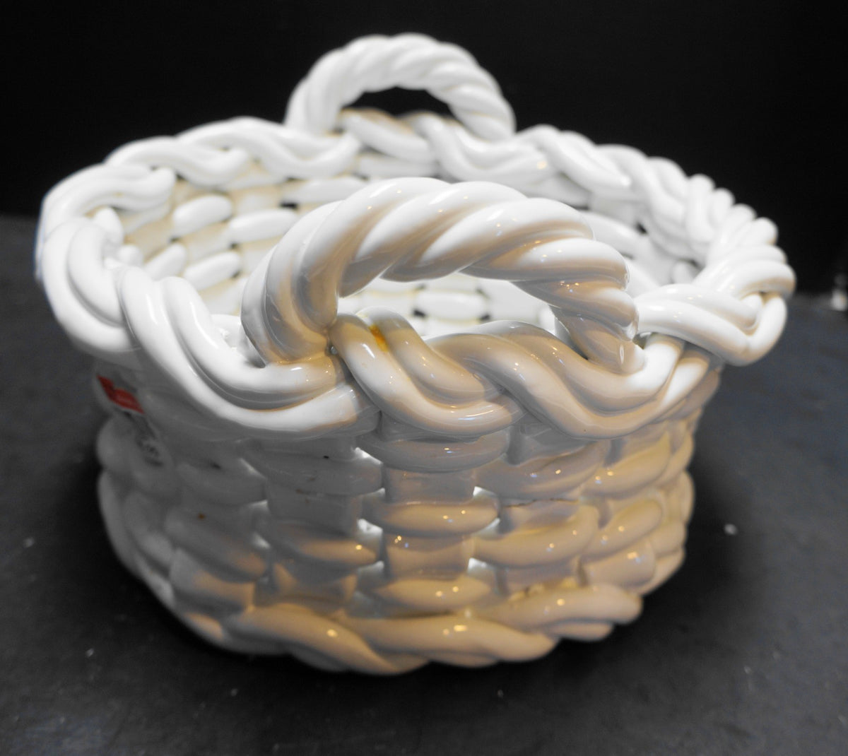 White Glazed Ceramic Woven Basket Bowl Made in Italy