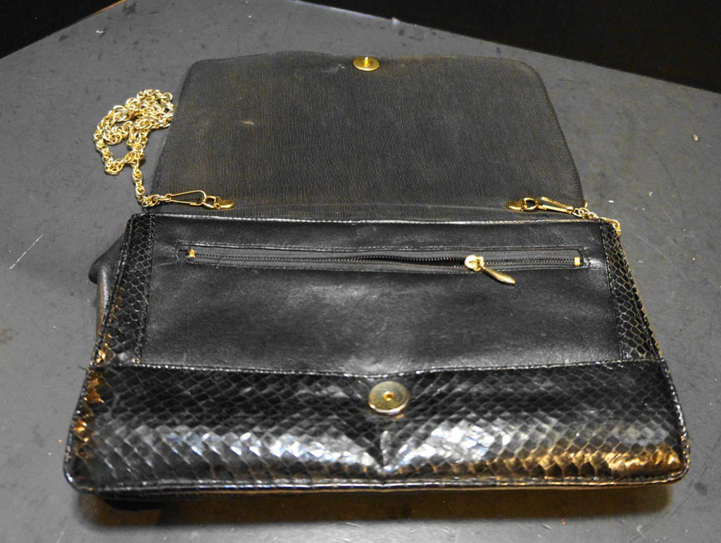 SOLD Palizzio Black Snakeskin Purse Lucite Bar Chain Strap Convertible Clutch Purse