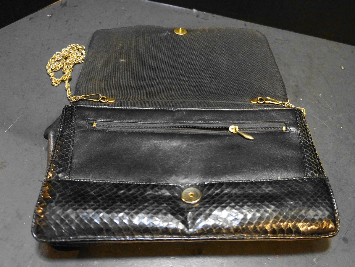 SOLD Palizzio Black Snakeskin Purse Lucite Bar Chain Strap Convertible Clutch Purse