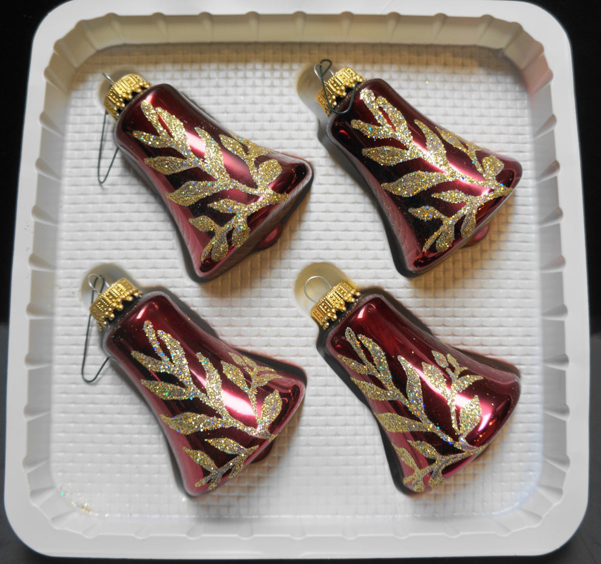 Deep Red Glass Bell Ornaments Gold Glitter Hand Decorated Set of 4
