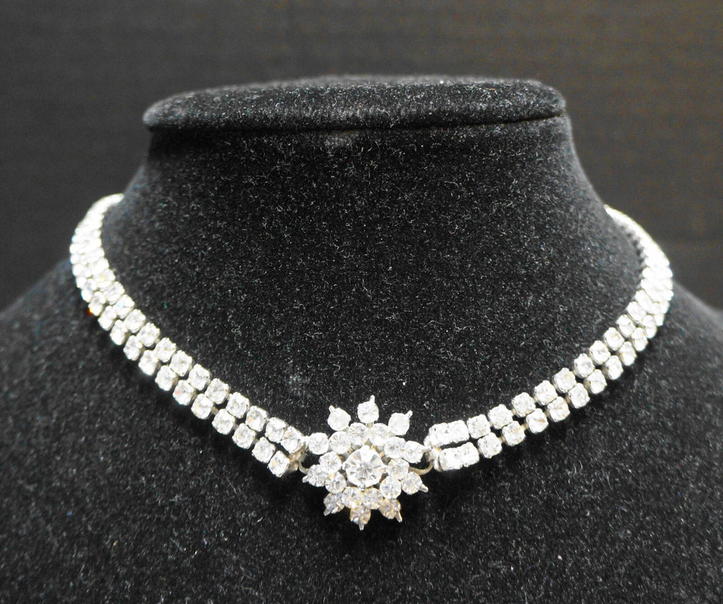 Clear Rhinestone Double Strand Choker Necklace Center Flower