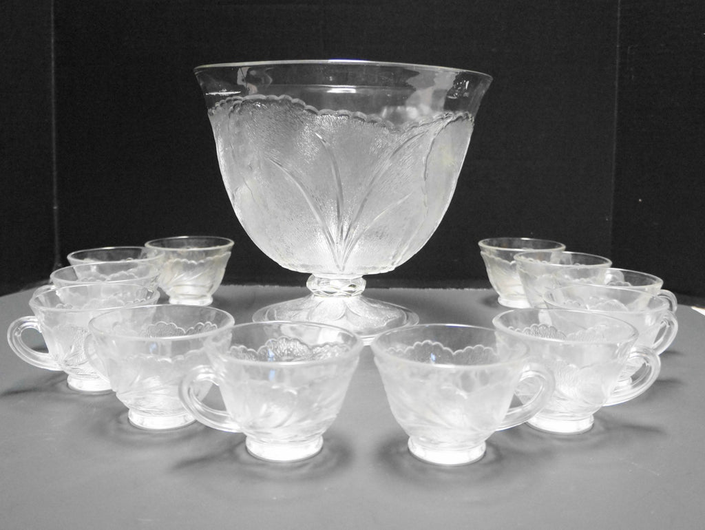 Indiana Glass Pebble Leaf Clear Glass Punch Set Footed Bowl 12 Cups