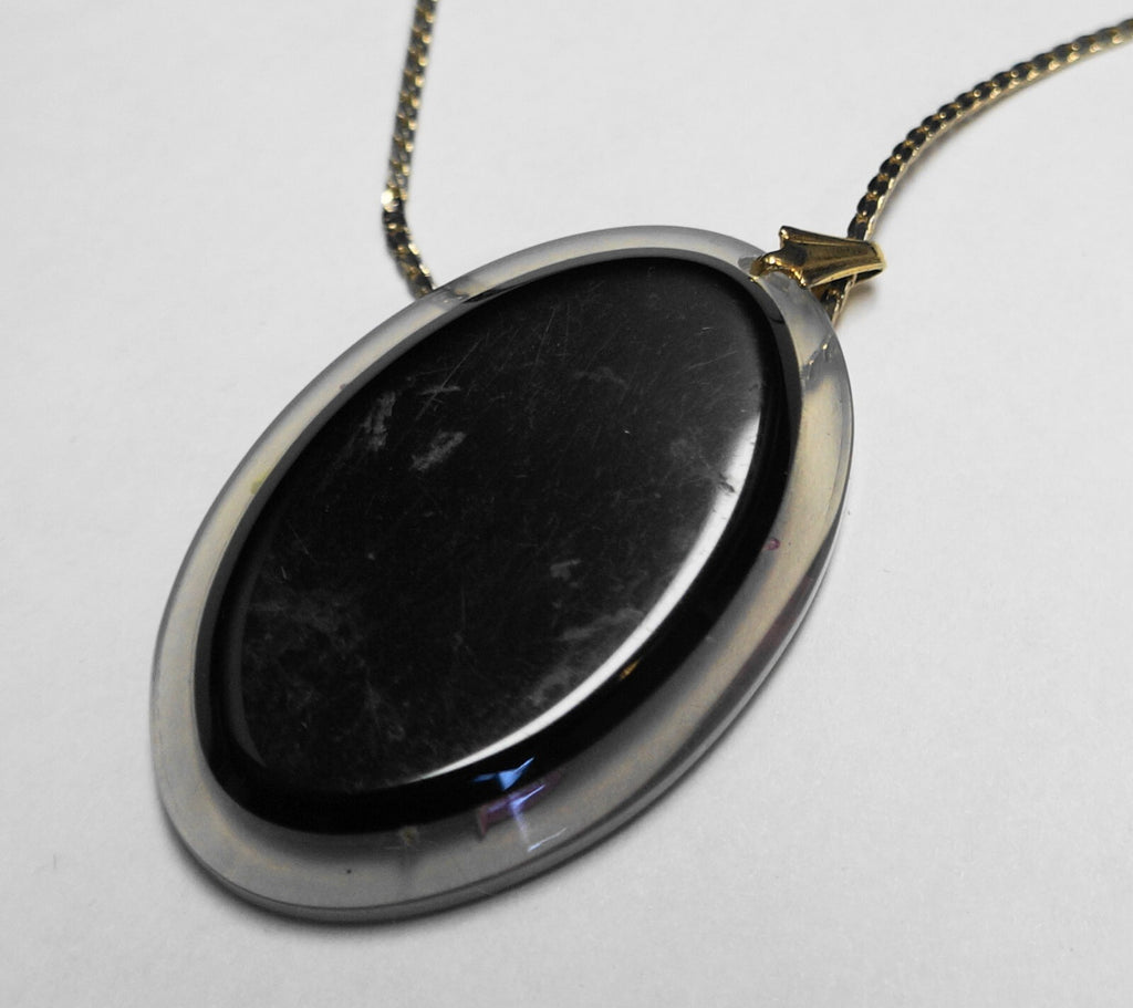 Reverse Carved Orchid Flower Lucite Oval Pendant Necklace