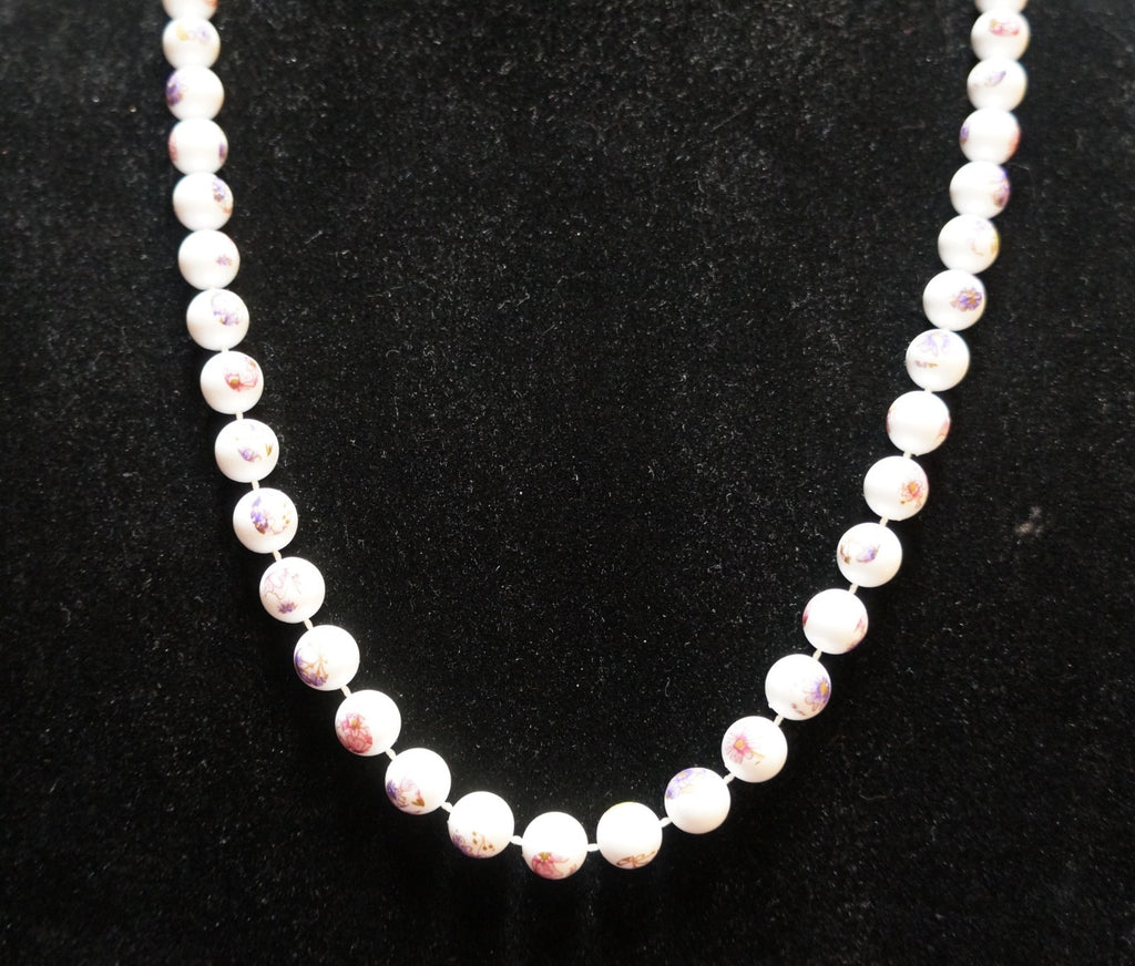 Pink Purple Flowers White Plastic Beads Necklace 26 IN