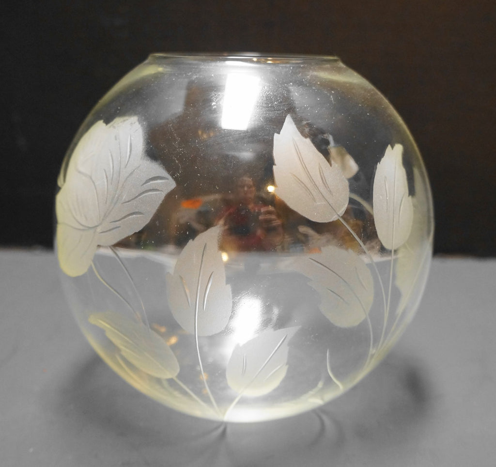 Clear Glass Etched Cut Rose Flower Leaves Rose Bowl 5 IN