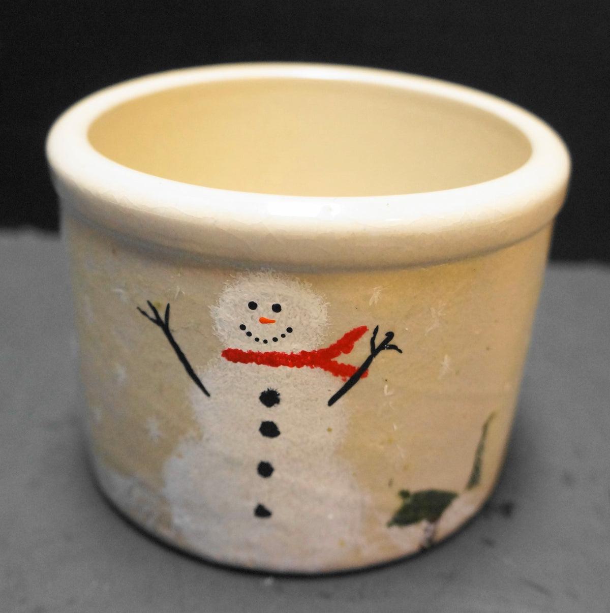 Robinson Ransbottom 1 Pint Low Jar Crock Hand Painted Snowman