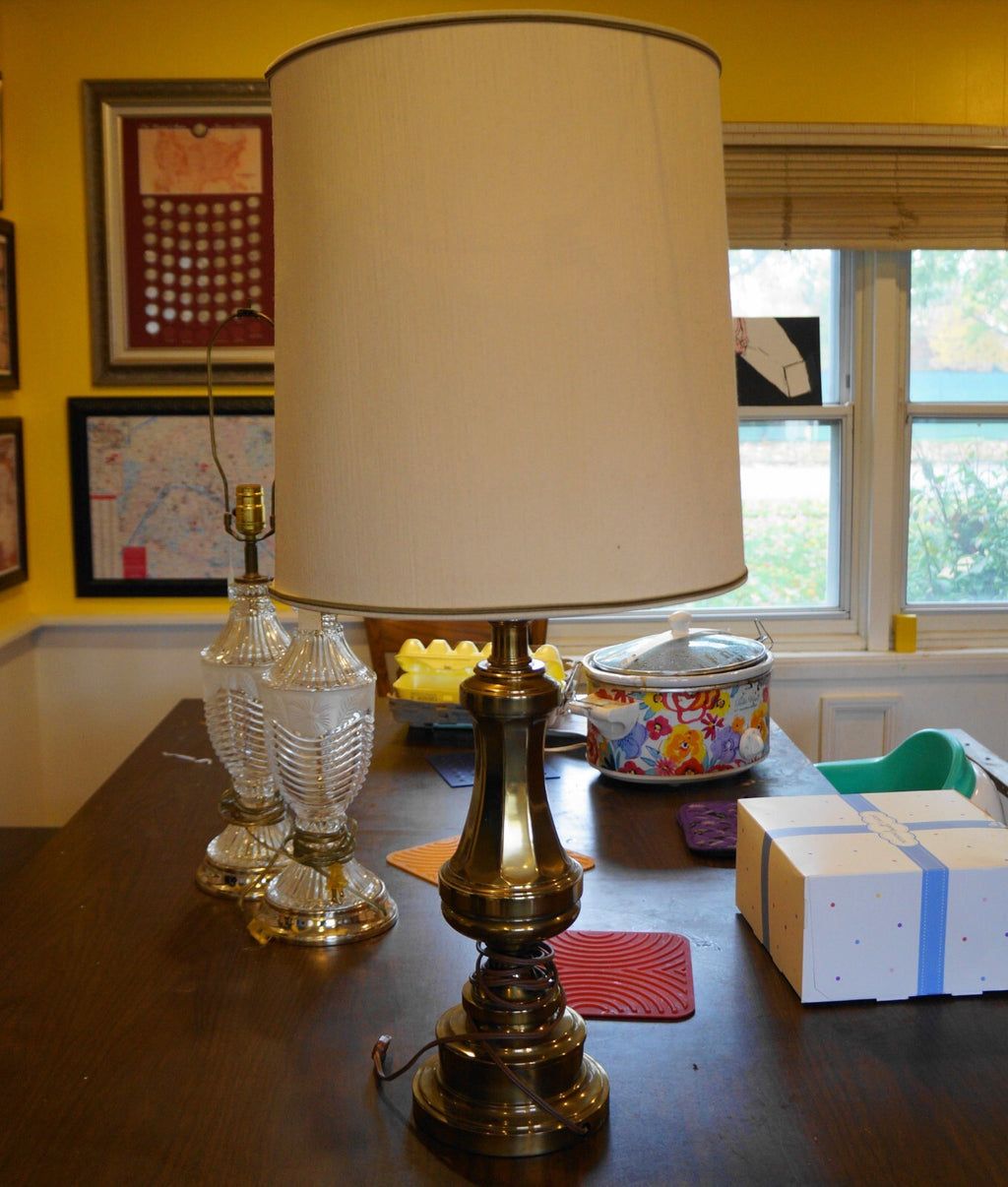 Stiffel Paneled Brass Table Lamp With Drum Shade 33 IN