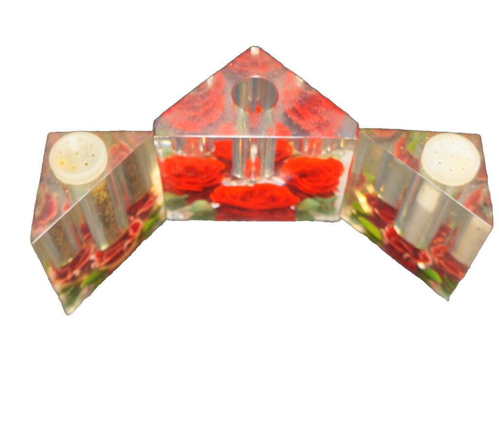 Bircraft Lucite Carved Rose Salt Pepper Shakers Single Candle Holder