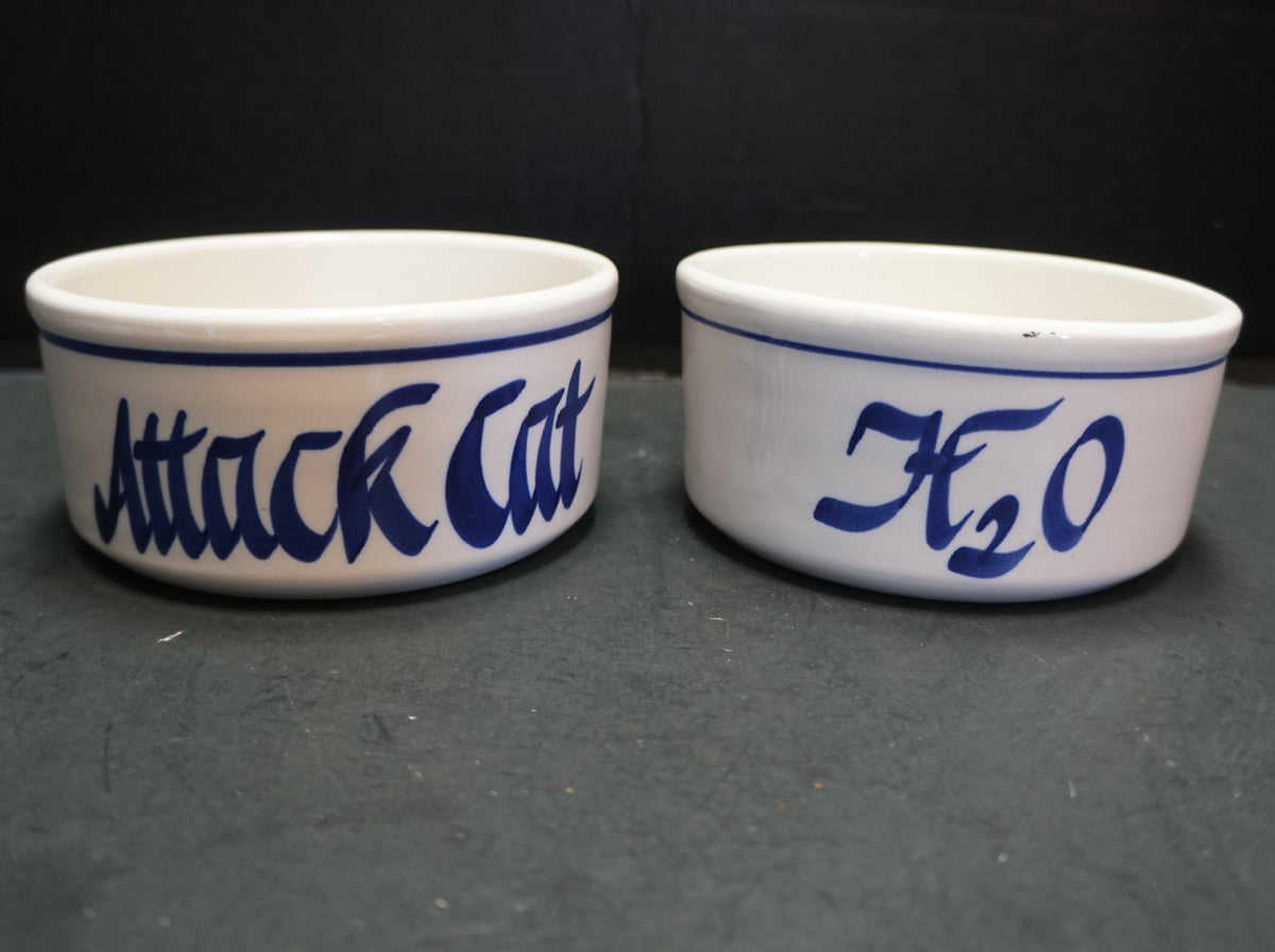 Attack Cat H2O Cobalt on White Hand Painted Stoneware Cat Bowls