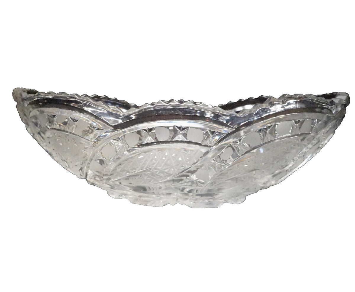 Cut Crystal Oval Gondola Relish Bowl Crosshatch Button Curves Frosted