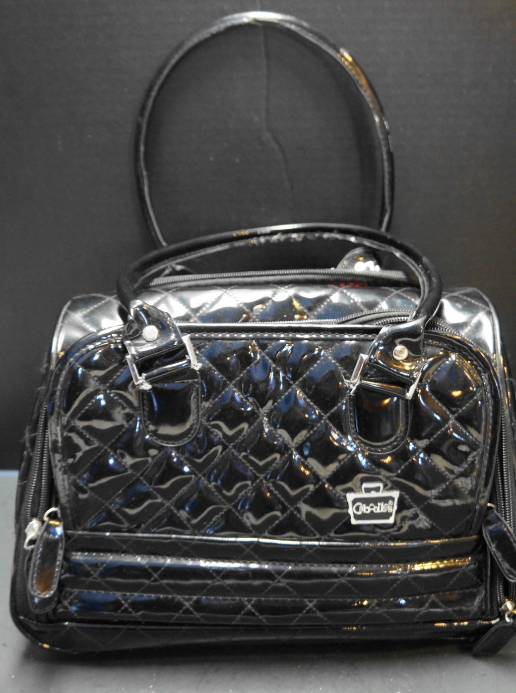 Caboodles Black Patent Quilted Satchel Style Makeup Bag Organizer