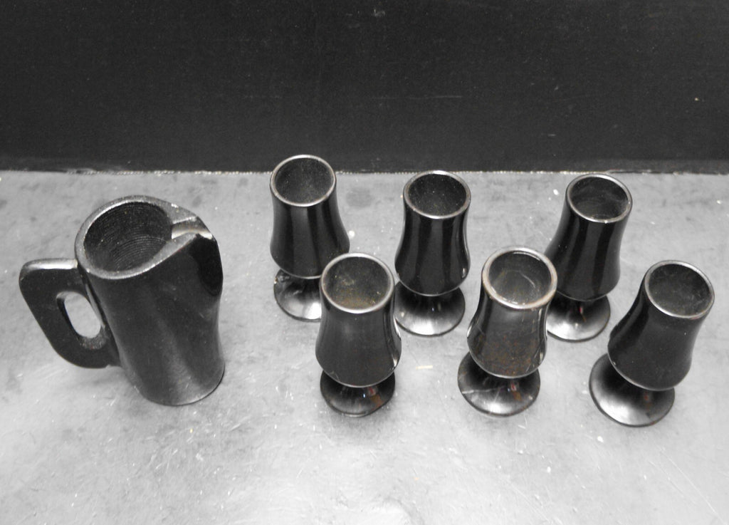 Carved Black Onyx Stone Mini Pitcher Shot Glasses Set 7 Pieces
