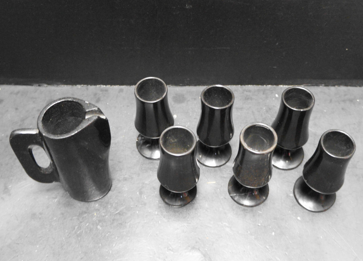 Carved Black Onyx Stone Mini Pitcher Shot Glasses Set 7 Pieces