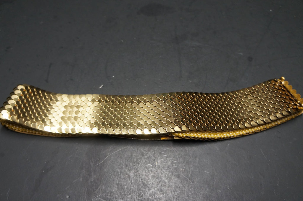 Cloisonne Buckle Butterfly Lotus Gold Tone Scale Stretch Belt 1980s Women 26 IN