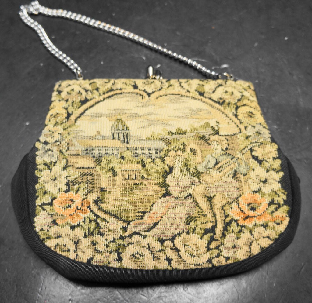 Verdi Petit Point Woven Tapestry Purse City Scene Floral Border Lute Player