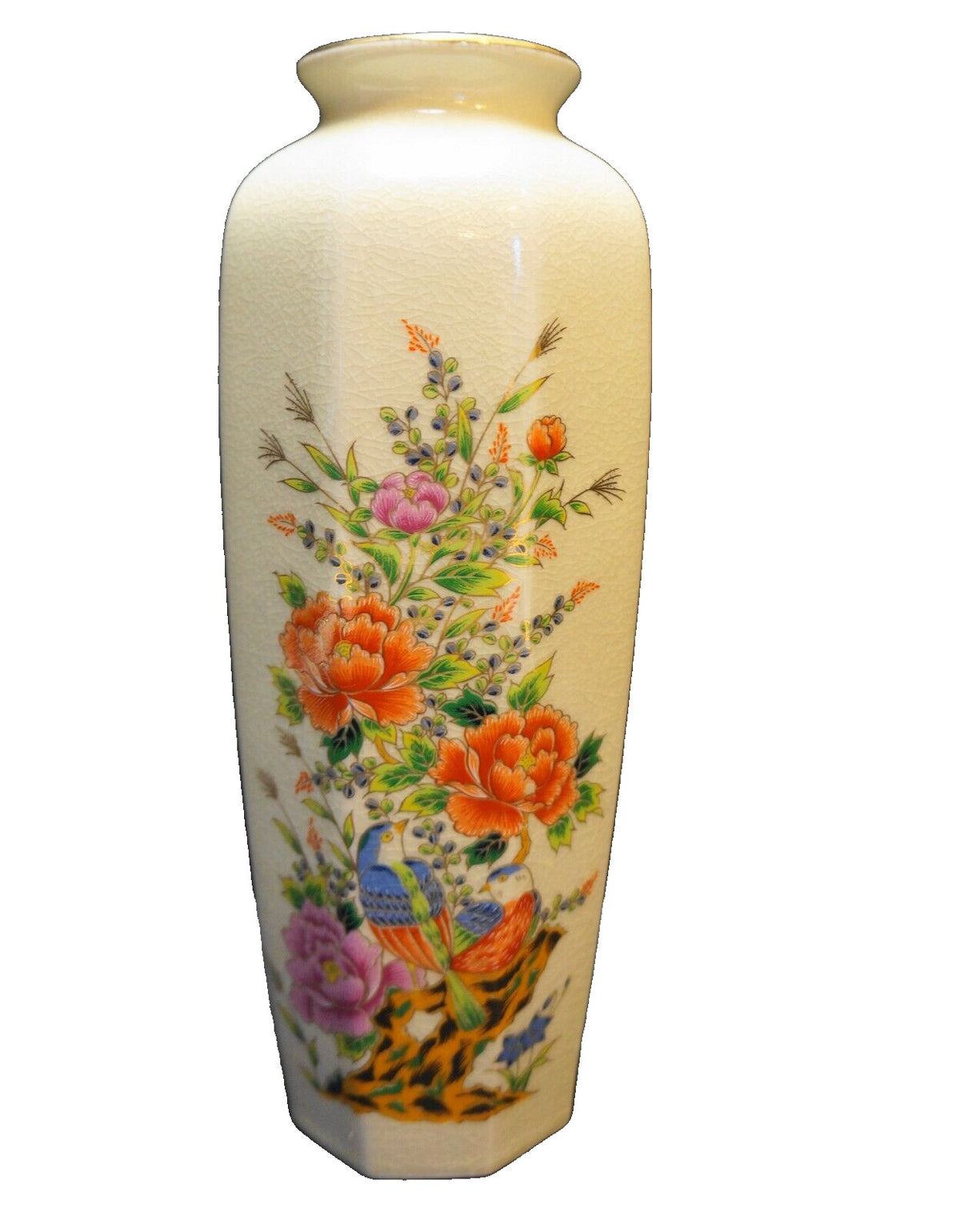 Japanese Paneled Cream Vase Bright Flowers Birds Gold 10 5/8 IN Crackle Crazing