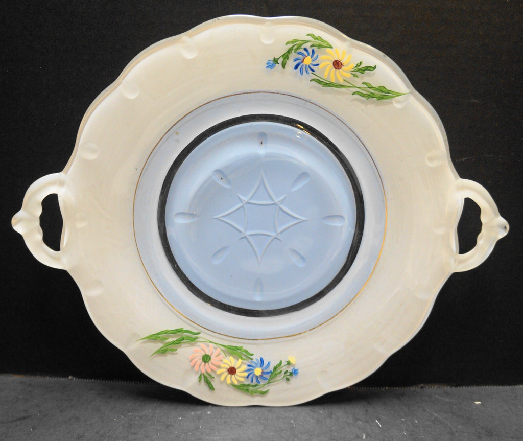 Indiana Glass Teardrop Cake Plate Platter Blue White Hand Painted Flowers
