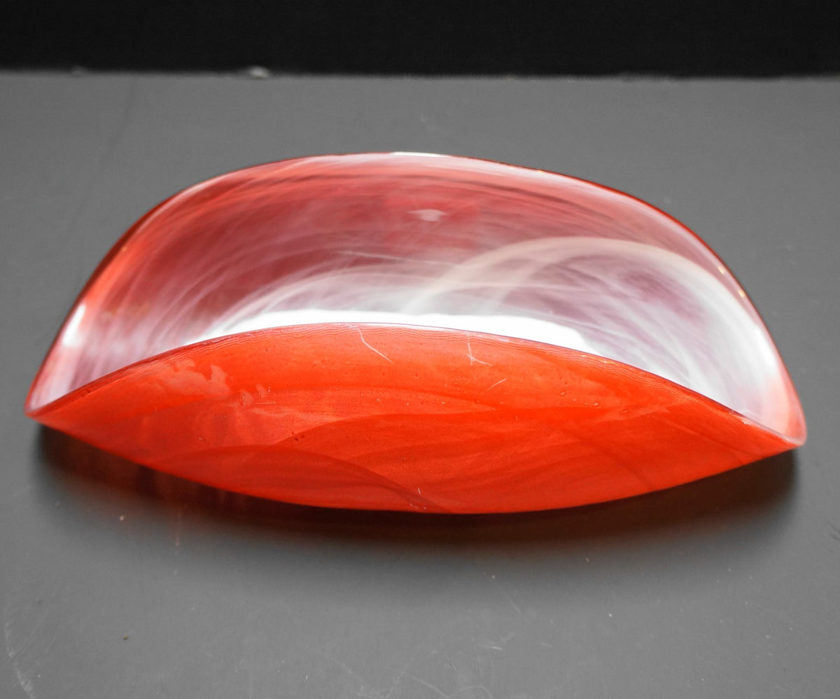 Red White Swirl Marbled Art Glass Curved Dish