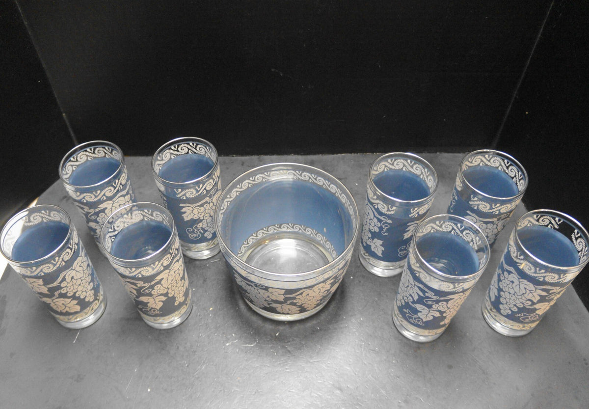 Colony Glass Blue White Grapes Ice Bucket 8 Tumblers Set
