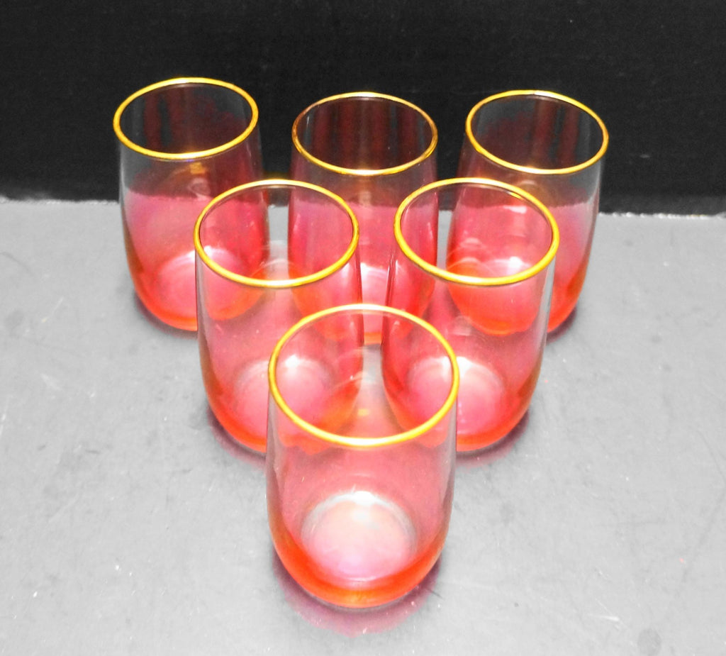 Blendo West Virginia Glass Ruby Red Ombre to Clear Gold Trim Juices Set of 6