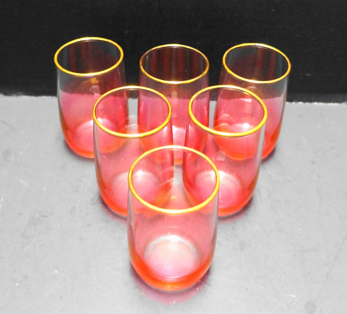 Blendo West Virginia Glass Ruby Red Ombre to Clear Gold Trim Juices Set of 6