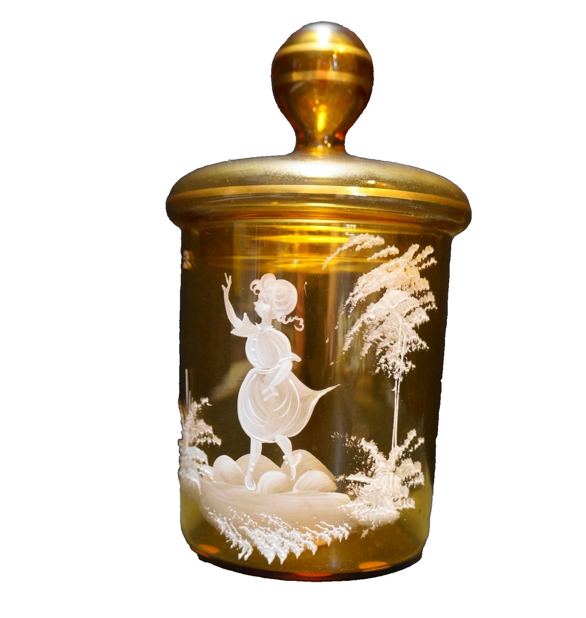 Mary Gregory White Enamel Hand Painted Amber Glass Small Jar West Germany