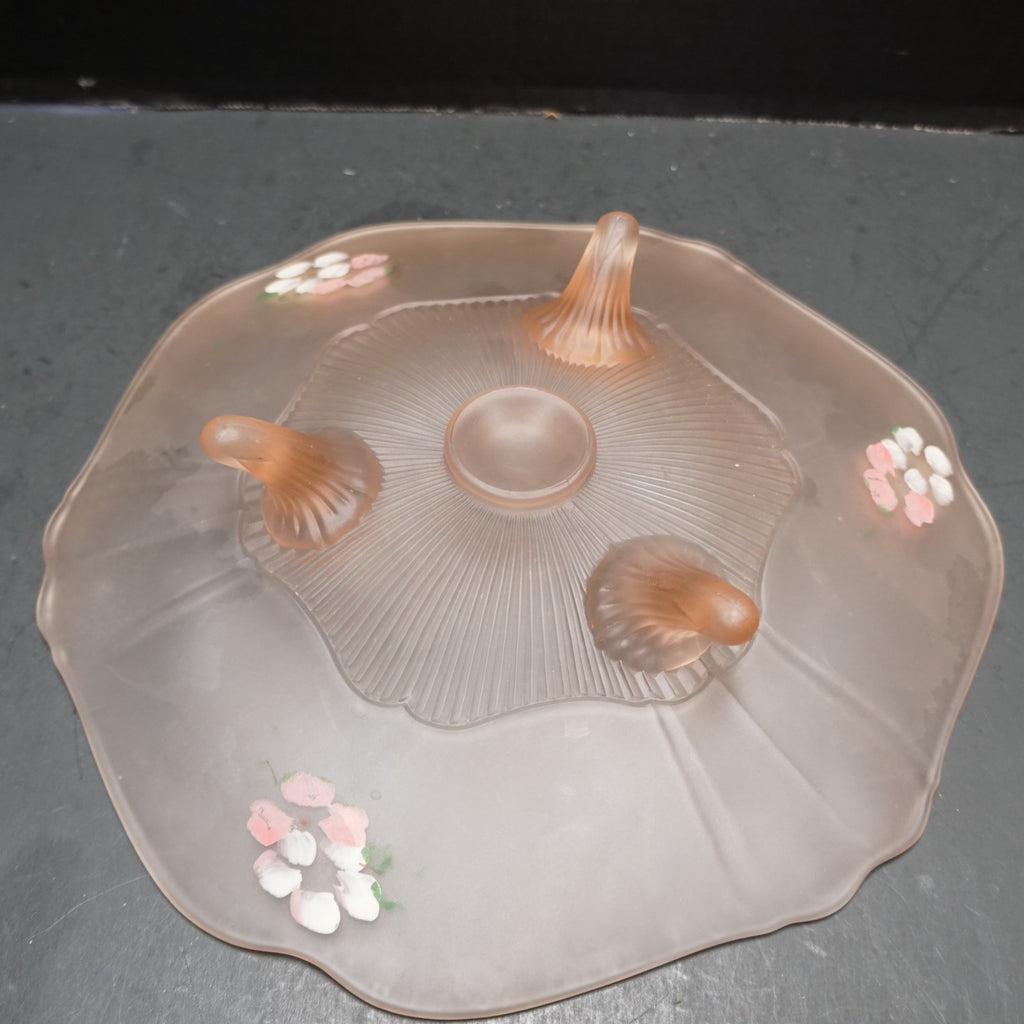 Lancaster Depression Glass Pink Satin Frosted 3 Toed Bowl Hand Painted Flowers