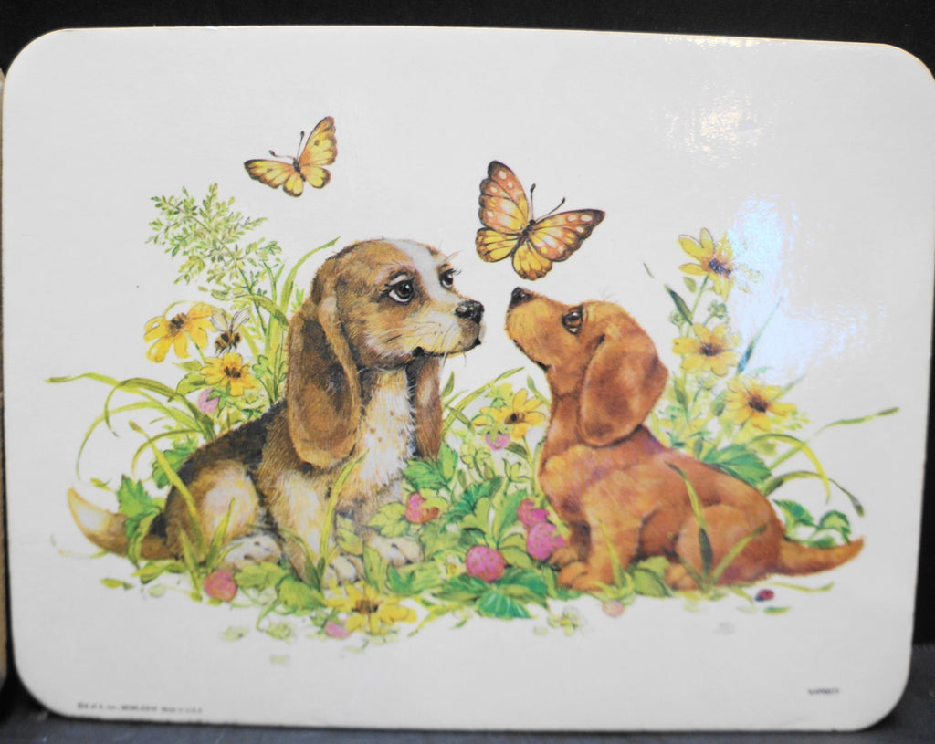 Bright Crest Hot Plaque Trivets Pair Puppies Kittens 1979