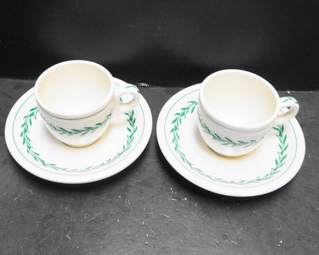Walker Vitrified China Green Garland Demitasse Cups Saucers Pair