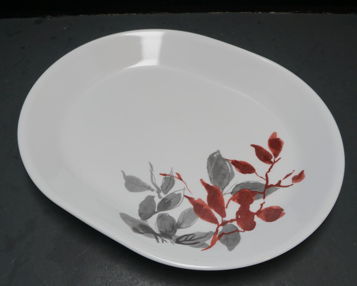 Corelle Kyoto Leaves Red Gray Oval Platter