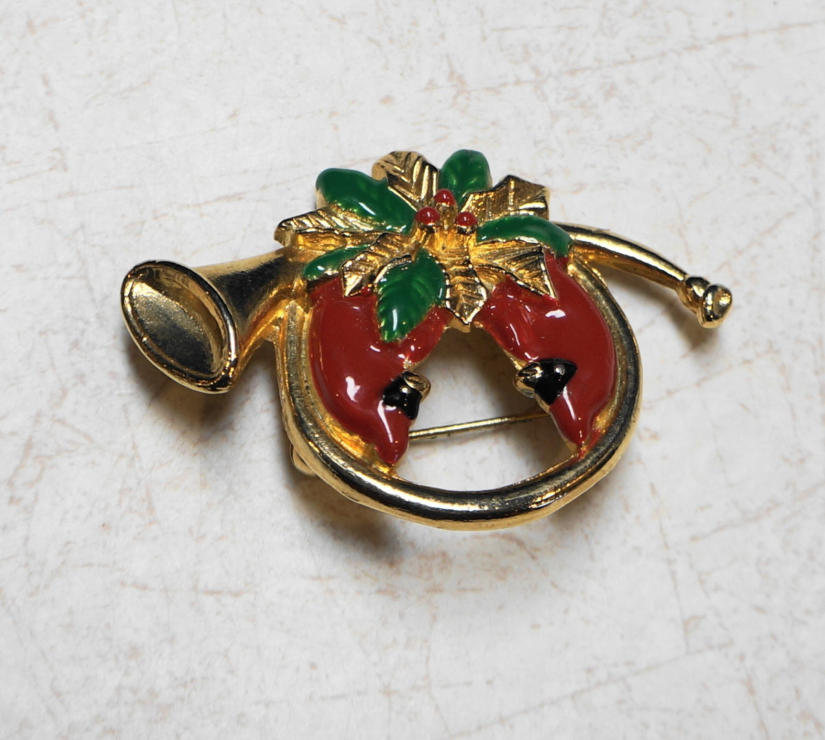 French Horn Christmas Pin Gold Tone Red Enamel Cardinals Poinsettia