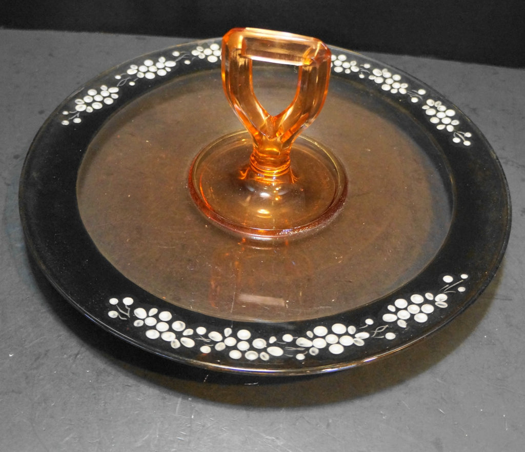 Depression Glass Pink Center Handle Tray Hand Painted Black White Rim