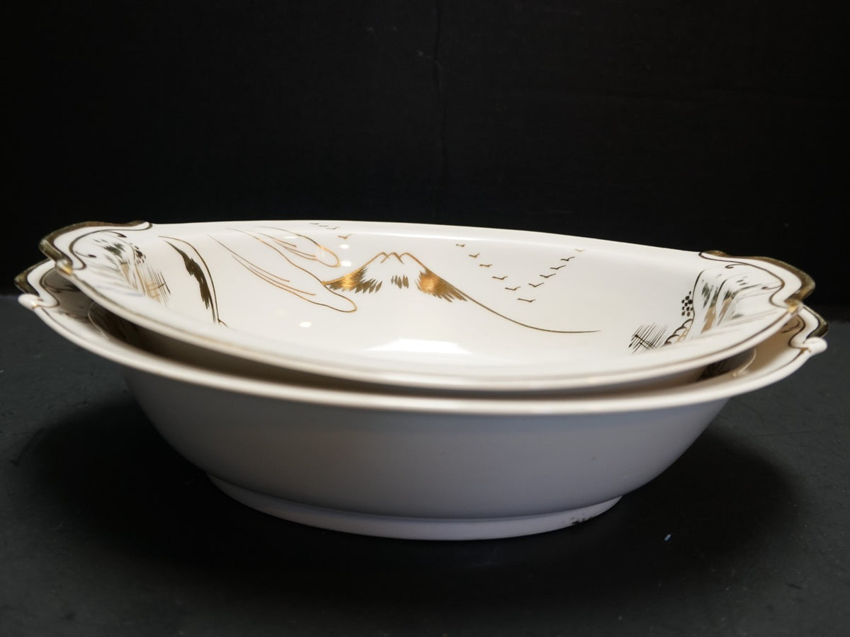 Kutani Gold on White Porcelain Oval Vegetable Bowls Pair Mt Fuji Village Scene
