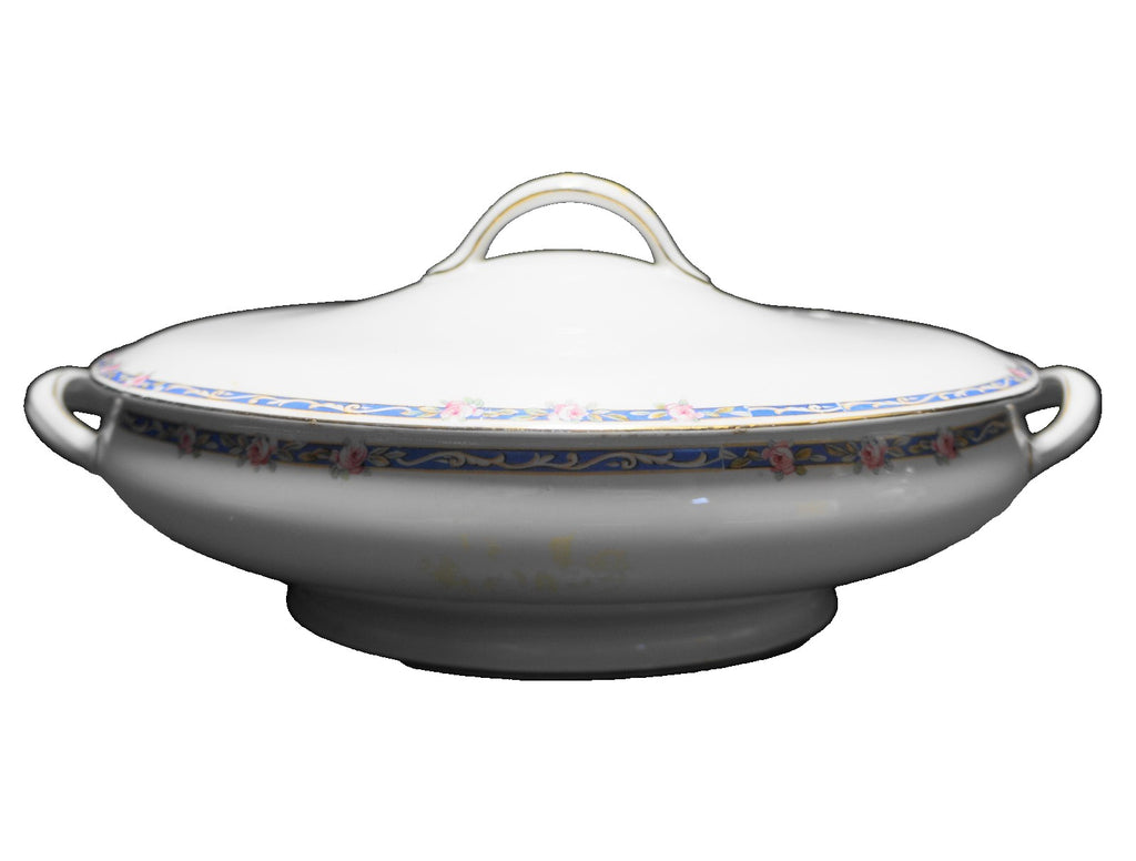 John Maddock & Sons Royal Vitreous Pink Roses Blue Band Oval Covered Vegetable
