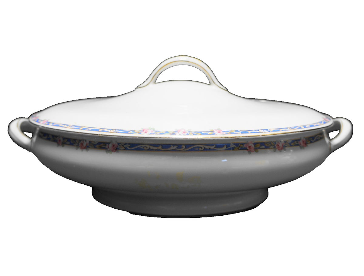 John Maddock & Sons Royal Vitreous Pink Roses Blue Band Oval Covered Vegetable