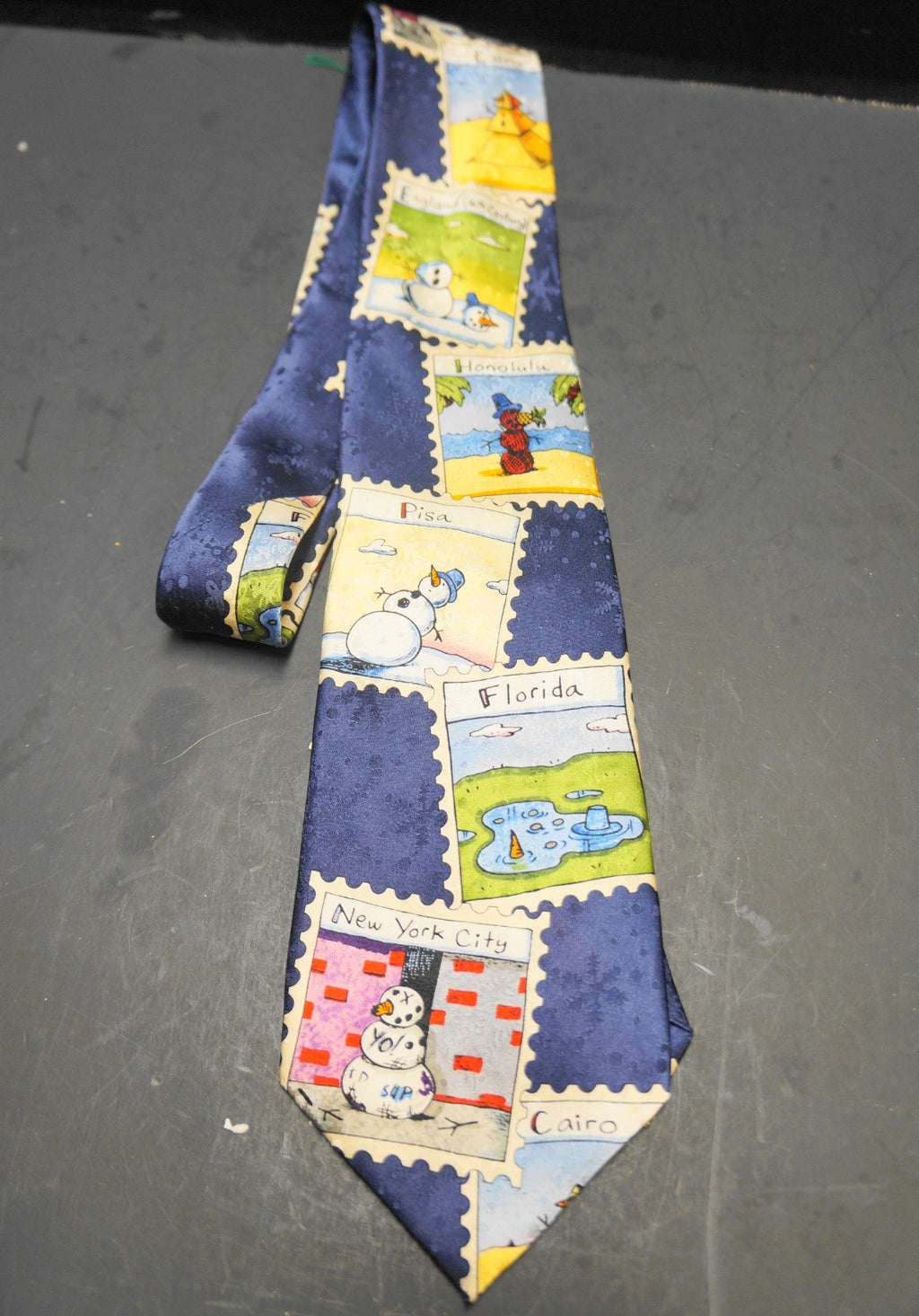 American Greetings Snowmen Around the World Stamps Navy Blue Silk Tie