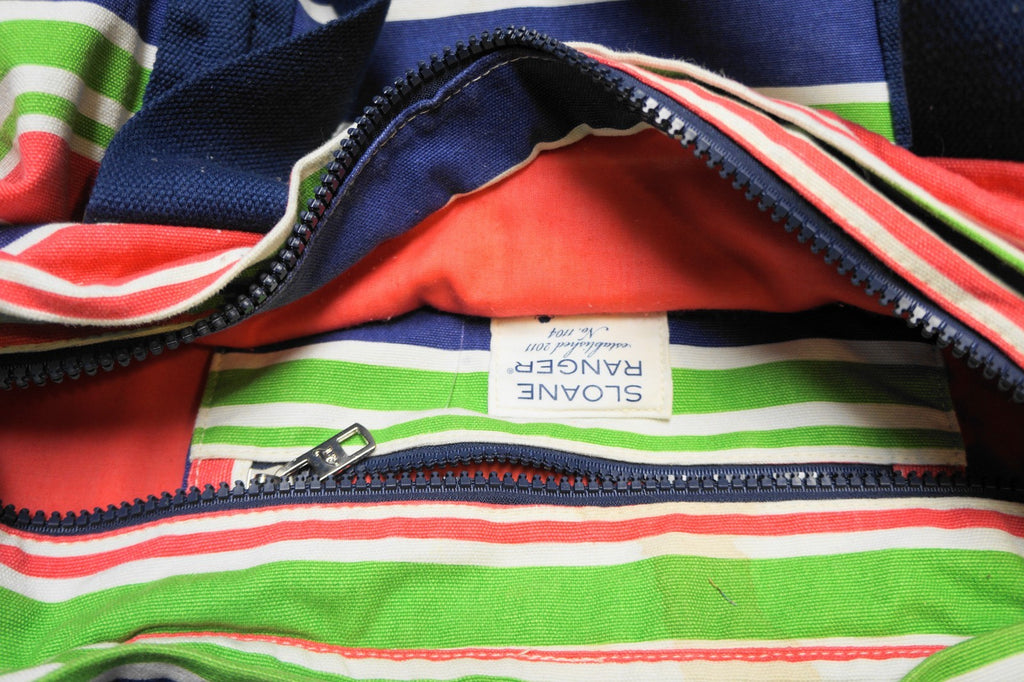 Sloane Ranger Blue Pink Green Striped Canvas Tote Zipper Top Shoulder Bag Duffel