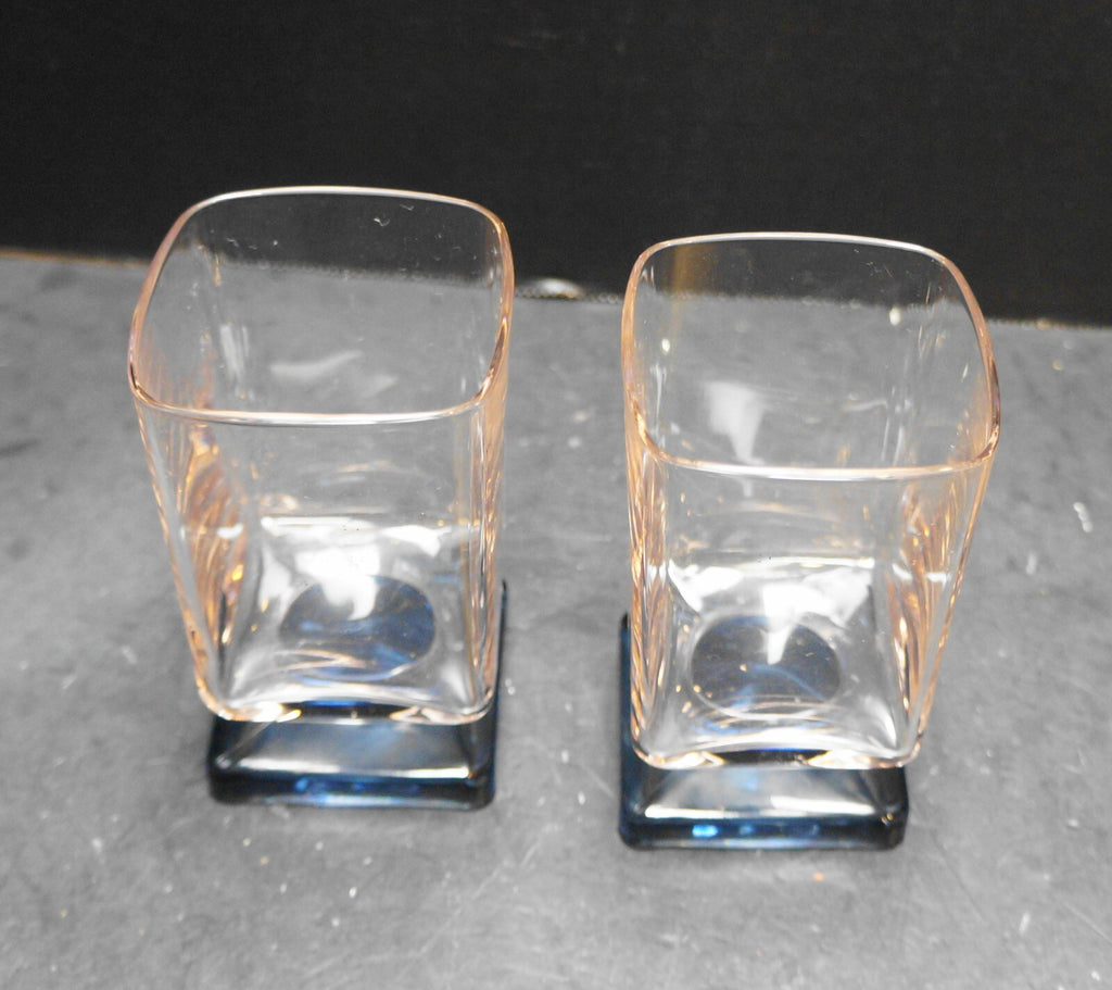 Pink Glass Blue Square Foot Disaronno Amaretto Tumblers Cristal D'Arques 1970s