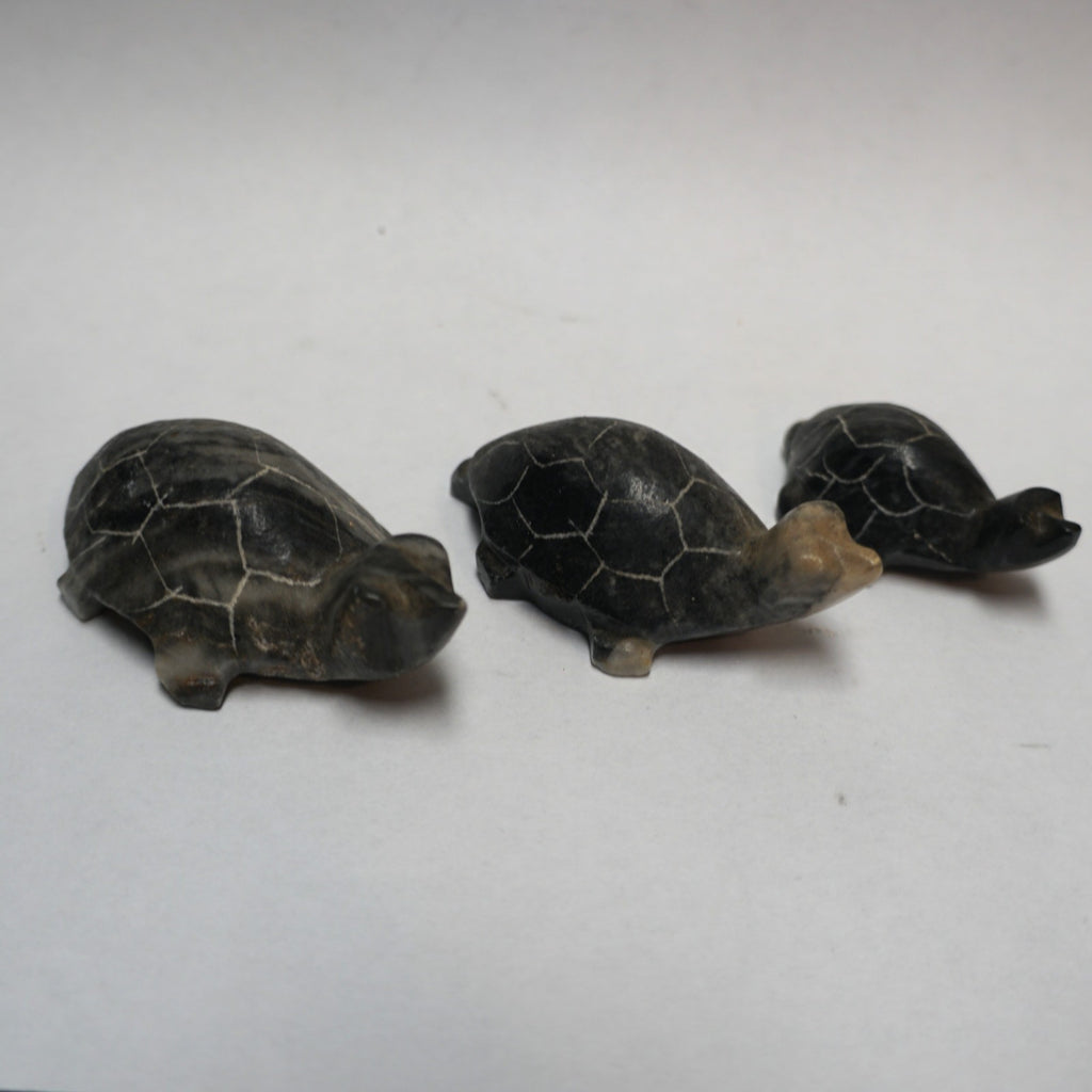 Hand Carved Turtle Figurines Dark Stone Set of 3
