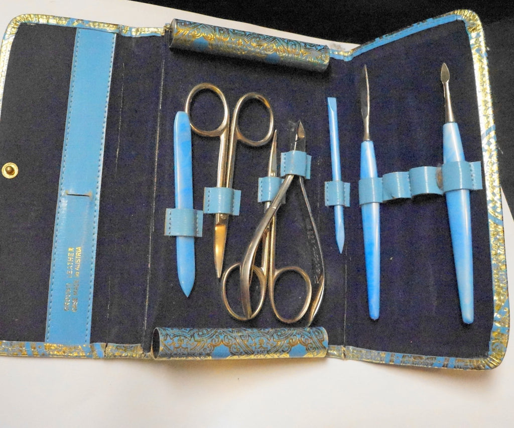 Vintage Art Deco Manicure Set Blue Handles Ground Leather Case Austria