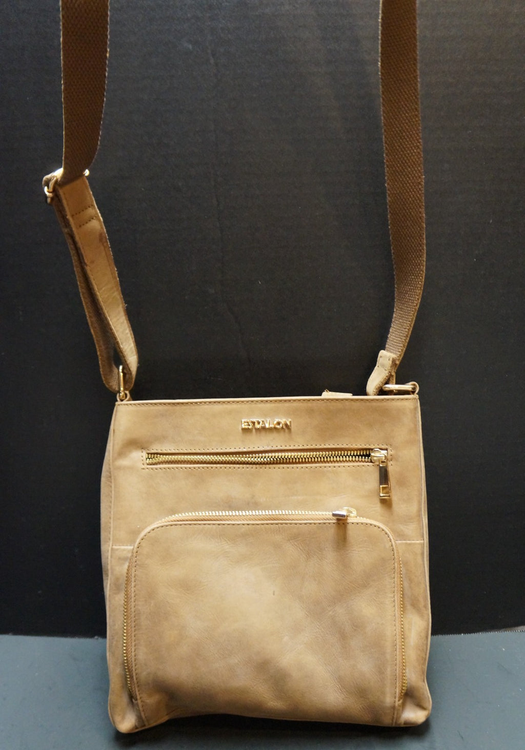 Estalon Cognac Leather Crossbody Purse Bag Medium 3 Zipper