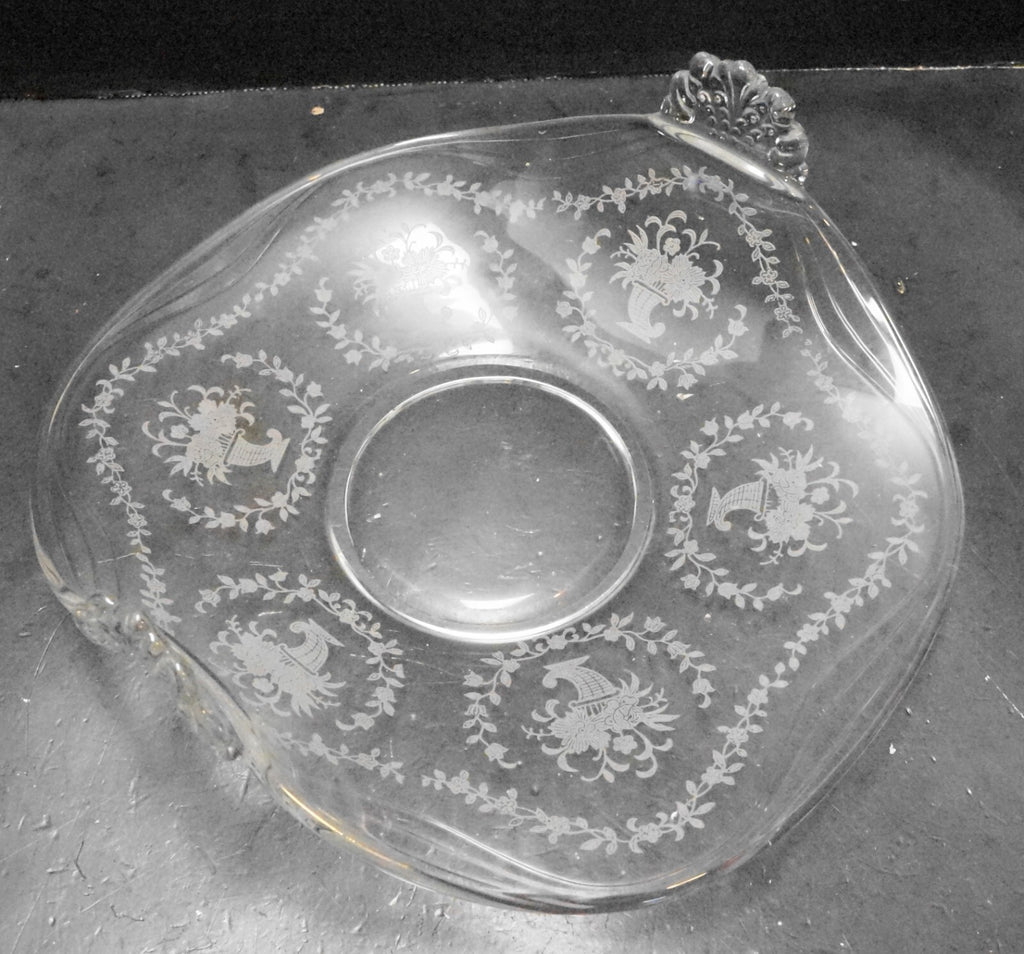 Fostoria Mayflower Cornucopia Flowers Etch Muffin Tray Bent Glass