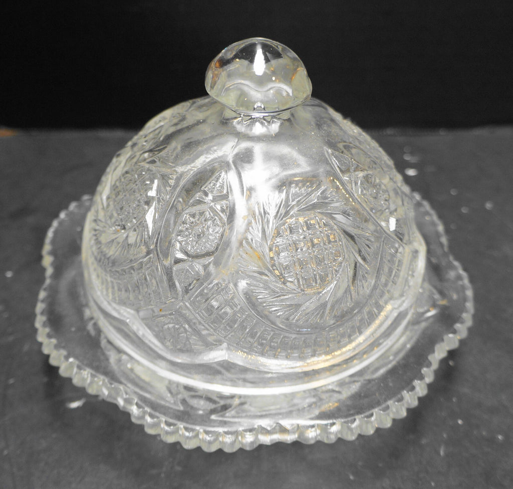 LE Smith Sunburst Clear Glass Domed Butter Dish 1980s